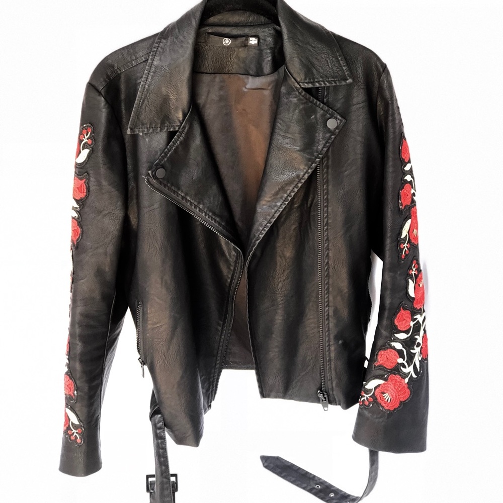 Faux leather jacket with rose appliqués